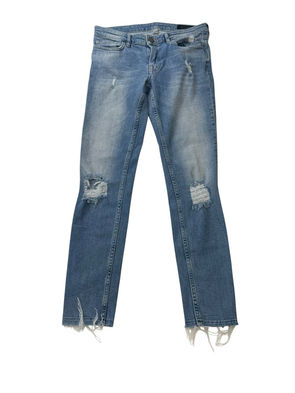 All Saints Blue Skinny Distressed & Frayed Hem Jeans Womens Size 27